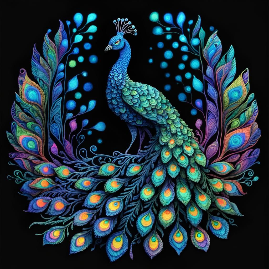 Neon Bioluminescent Zentangle Peacock in 3D