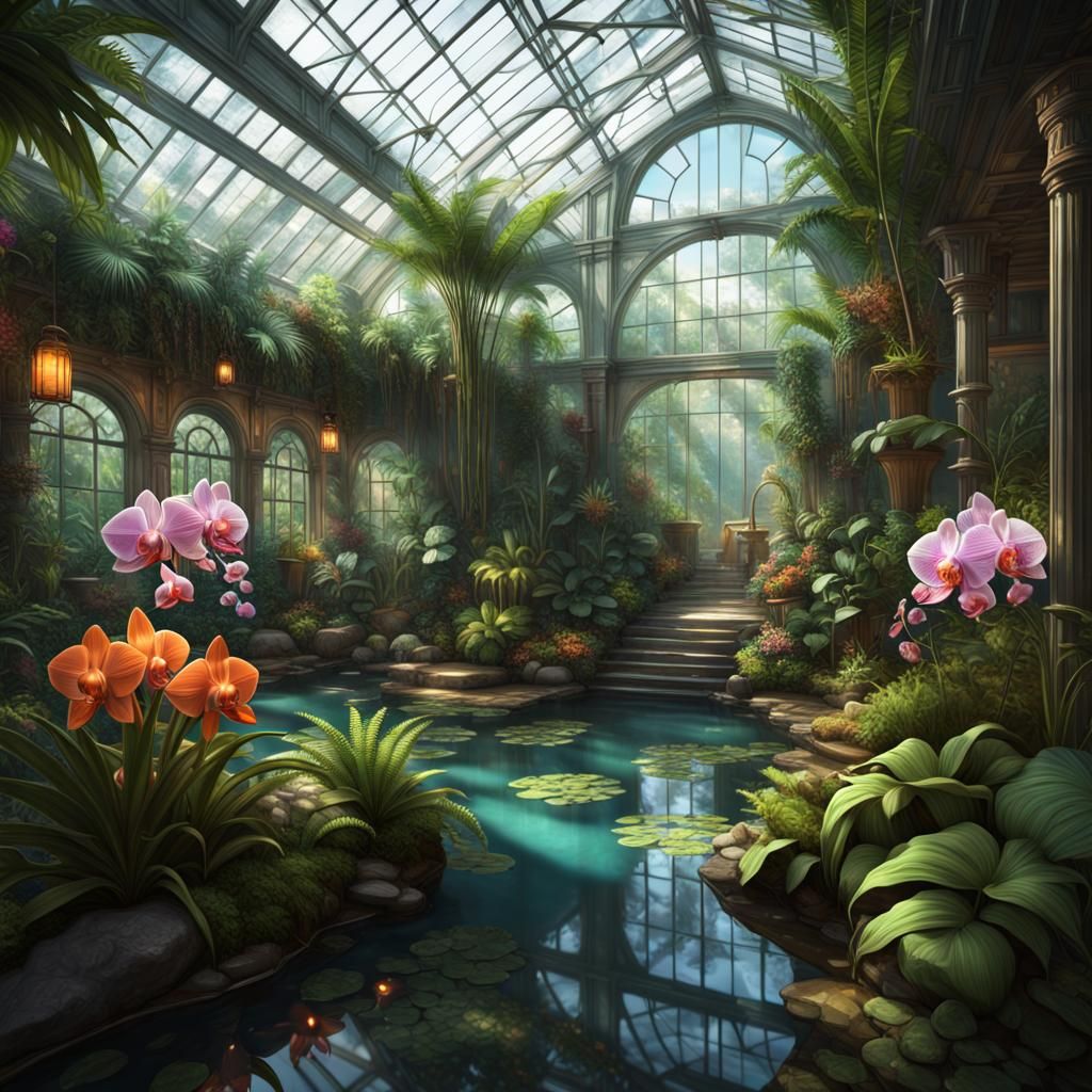 Lush Tropical Greenhouse Concept Art in 8K