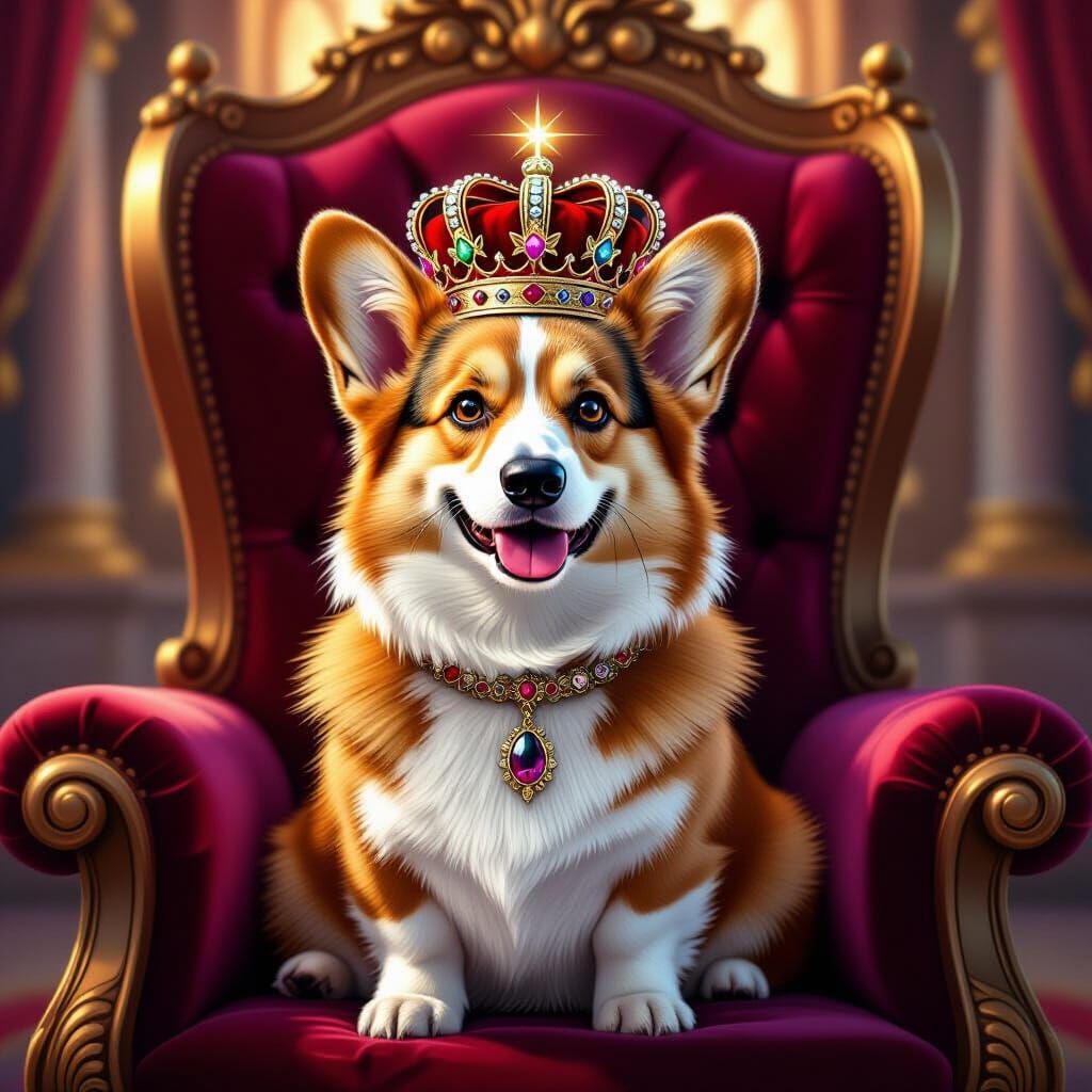 Regal Corgi Crowned King in Opulent Throne Room Digital Pain...