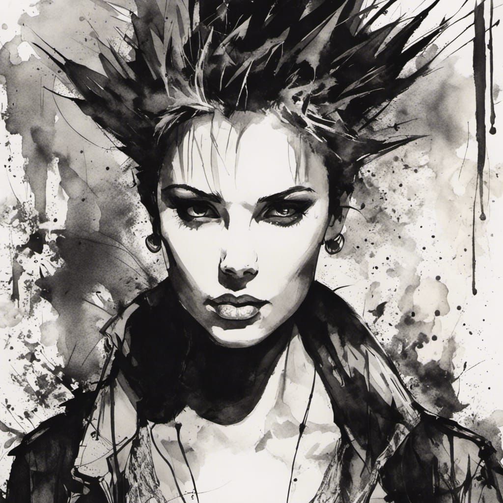 Attractive, spiky short haired woman - undertaken in pen and wash.