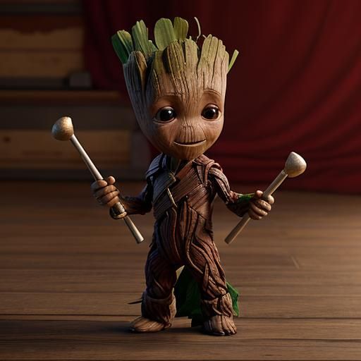 Baby Groot as Christmas Drummer Boy in 3D