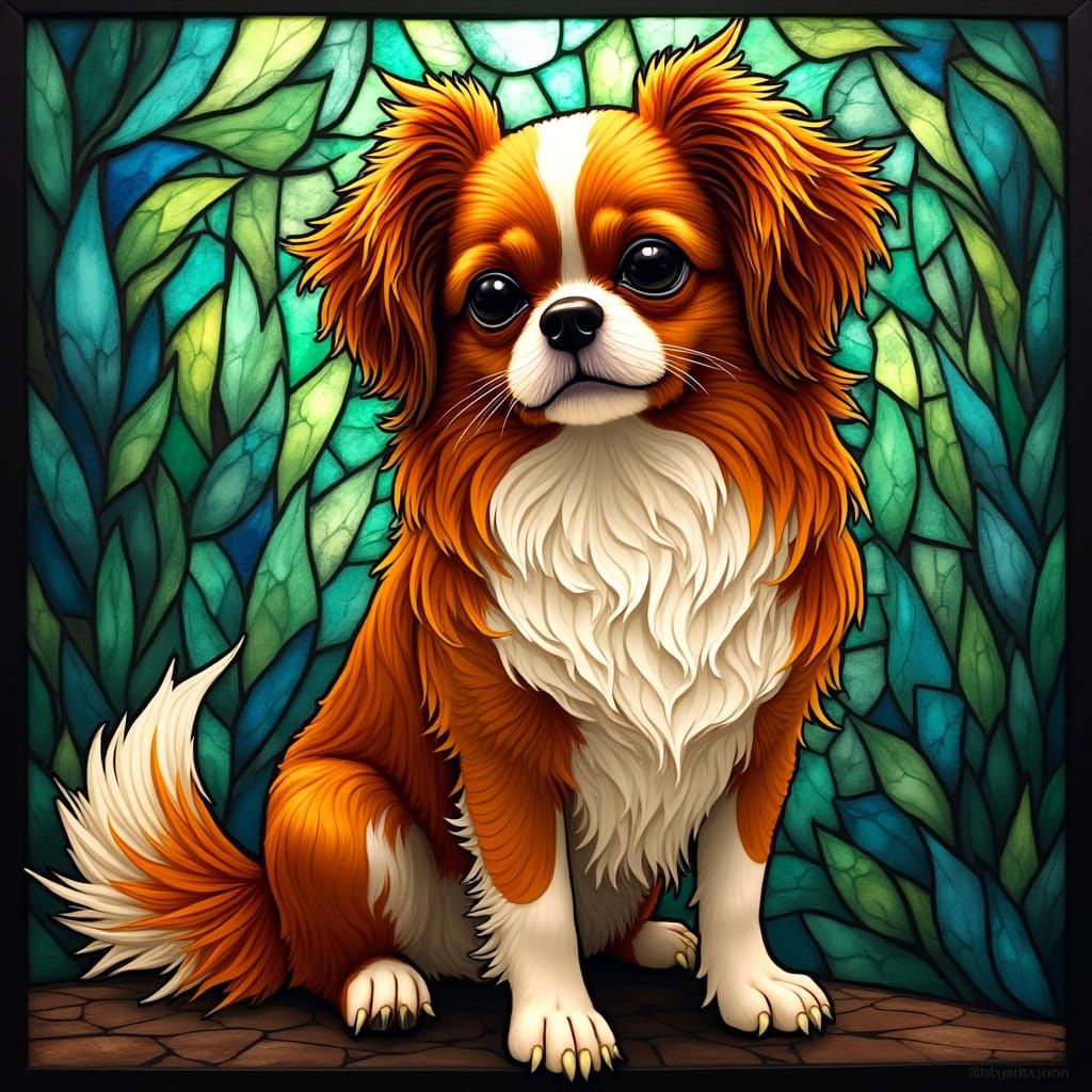 Regal Japanese Chin in Vibrant Stained Glass