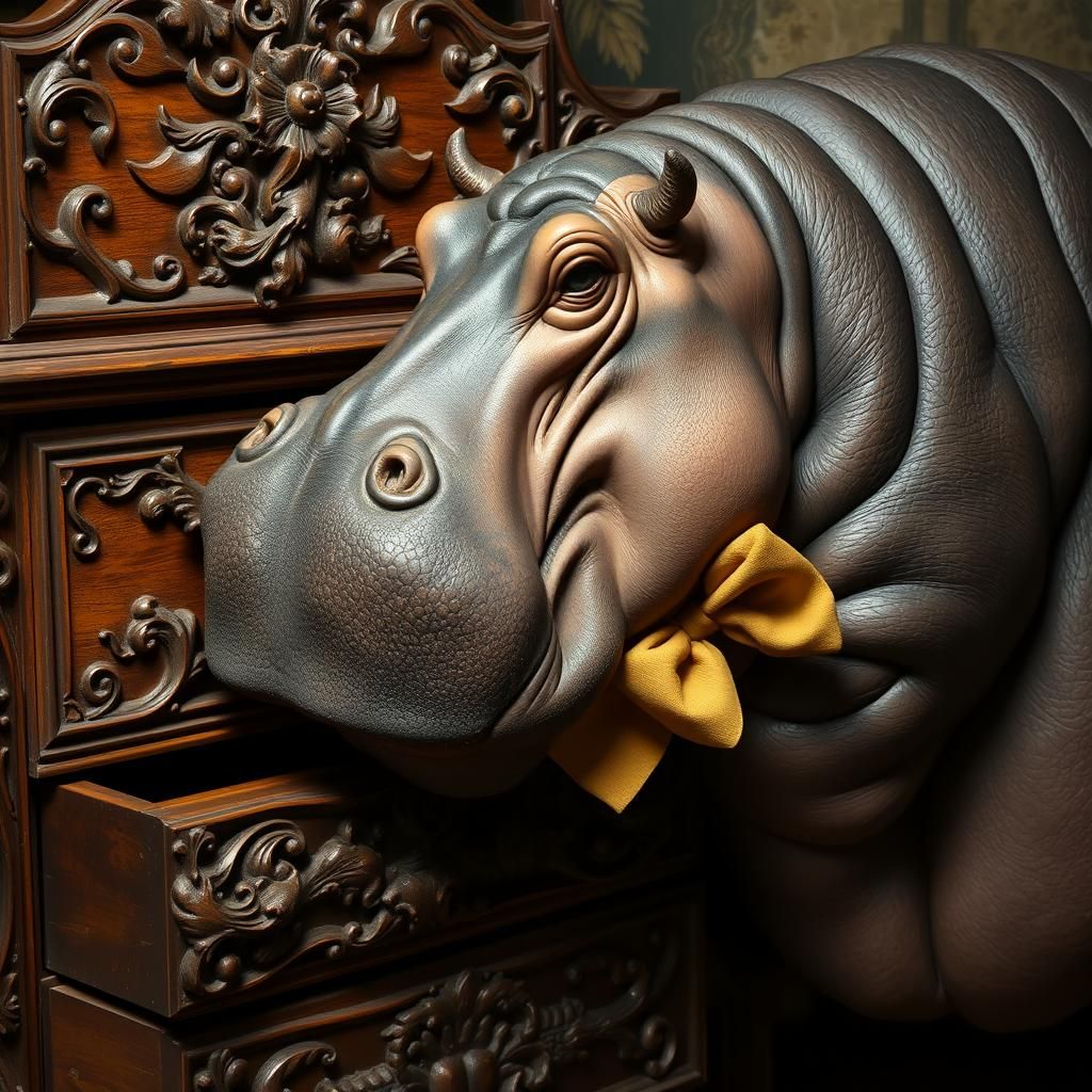 Hippopotamus Gnawing a Dresser, Carved Wood Style