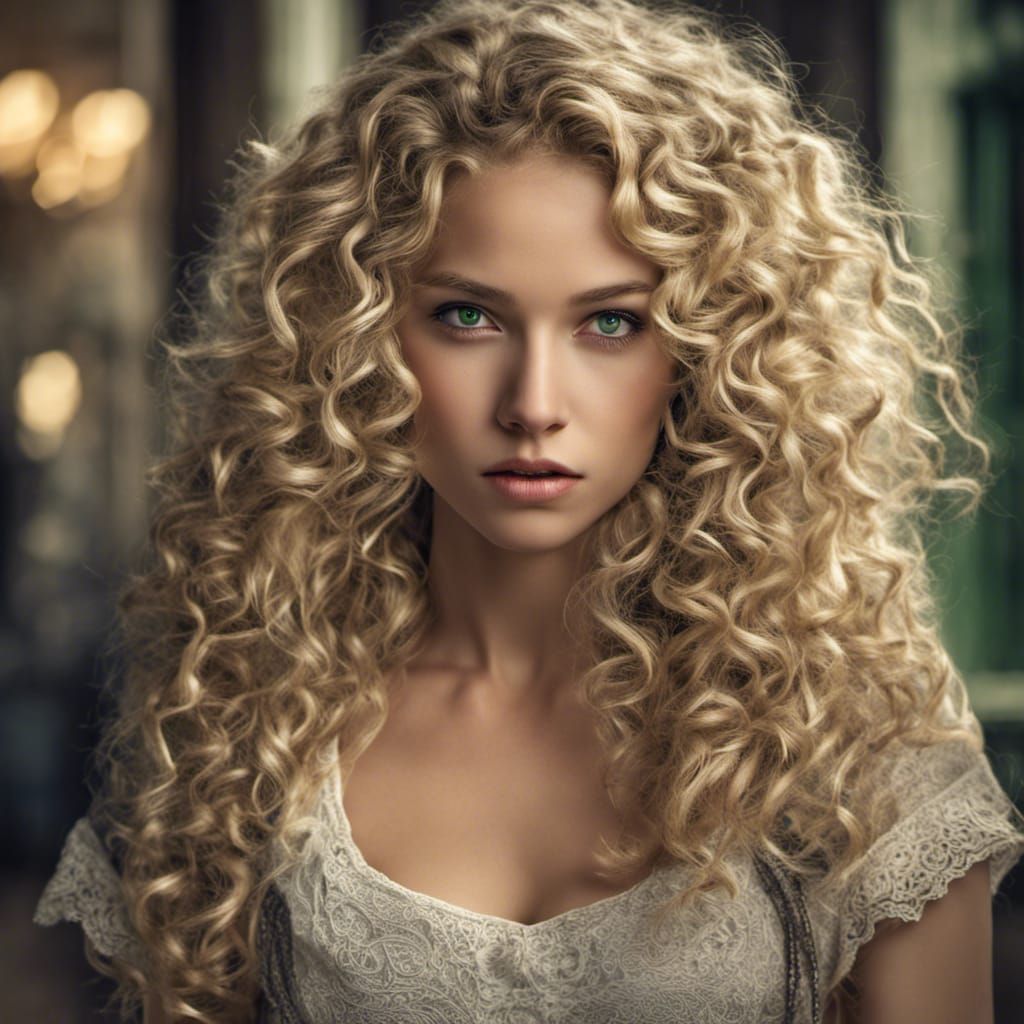 Romantic Blonde Woman with Curly Hair, Hyperrealistic Image