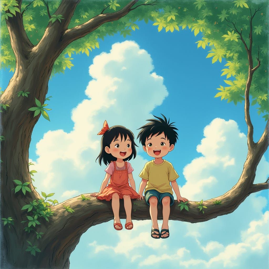 Children's Whimsical Moment in a Japanese Countryside Scene