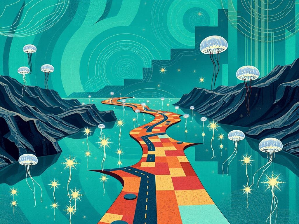 Surreal Landscape with Infinite Roadmap to Adventure in City...