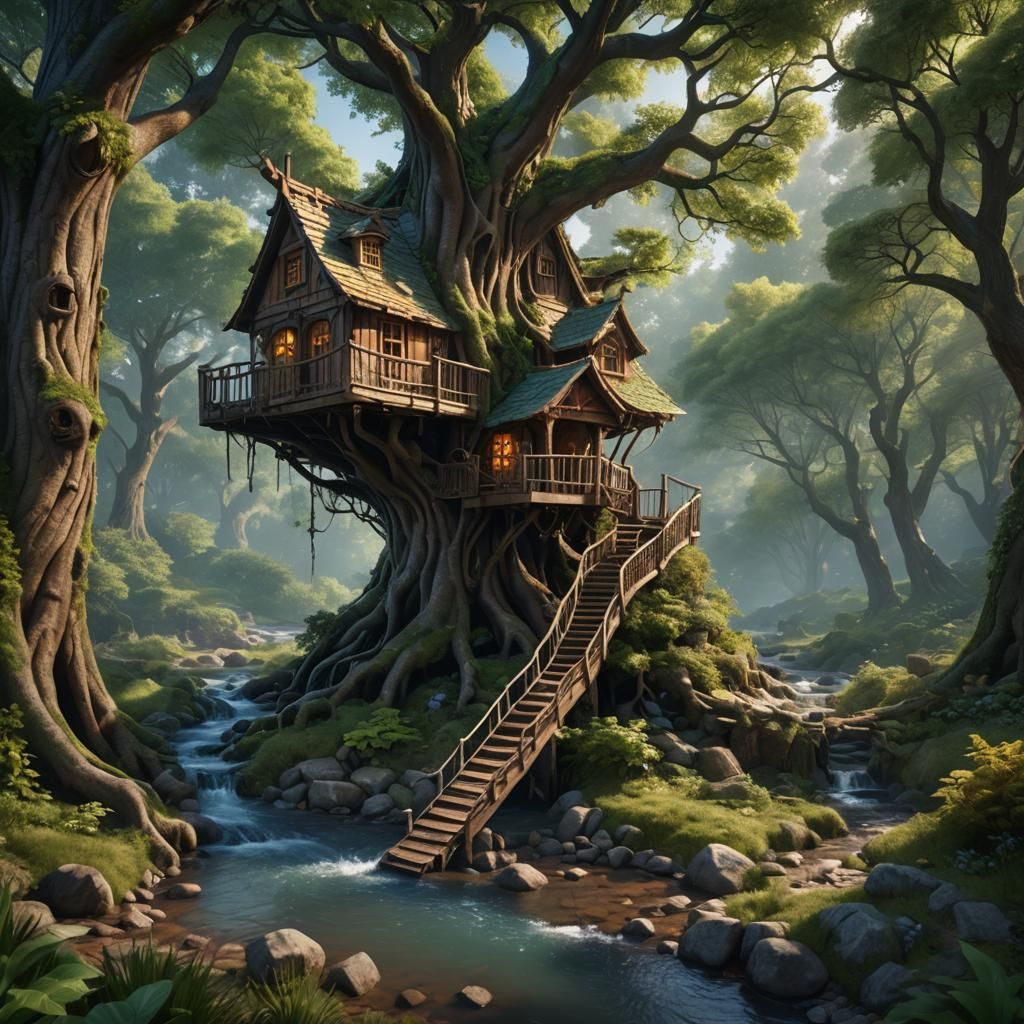 Enchanted Treehouse by a Forest Stream