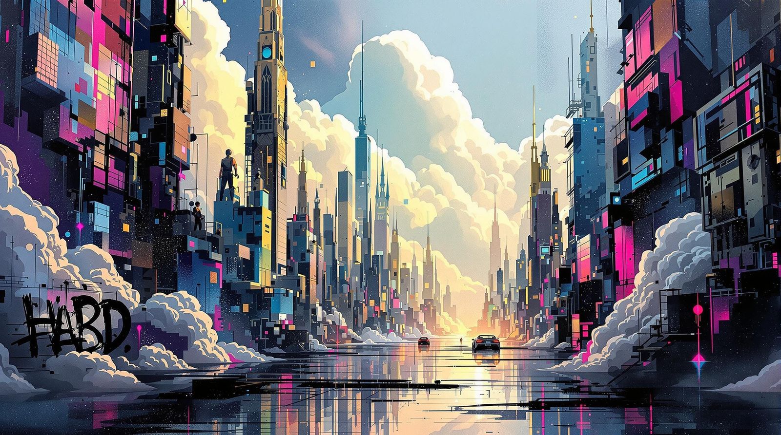 Cyberpunk Cityscape with Dystopian Textures and Vibrant Graf...
