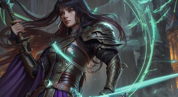 Fantasy Woman with Sword in Ethereal Mist