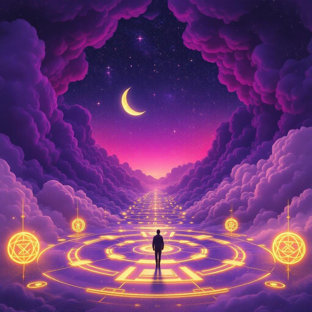 Ethereal Figure on Cloud Pathway to Starry Night