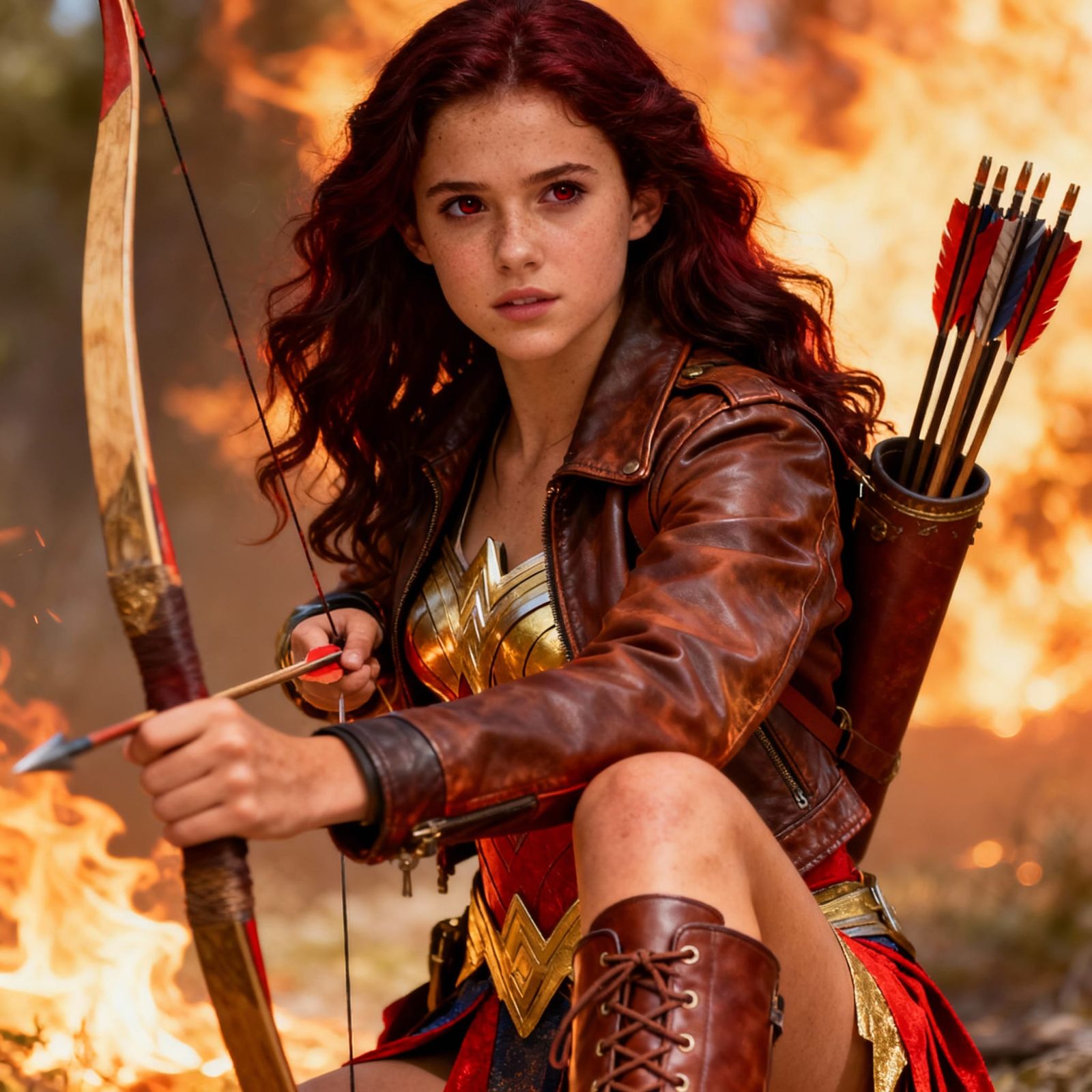 Goddess-Like Archer with Fire Powers in Warm Tones