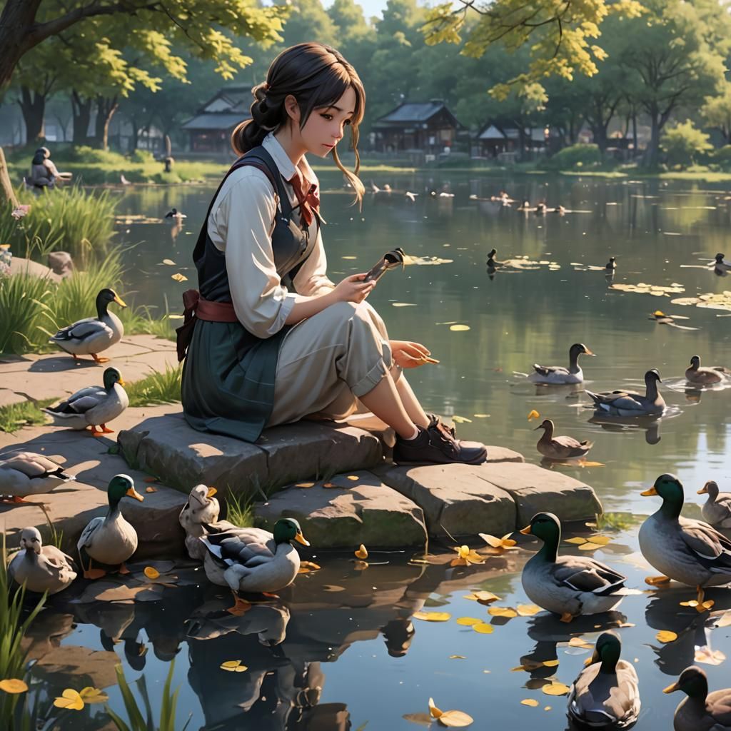 Girl Feeds Ducks by Lake: 3D Anime Art