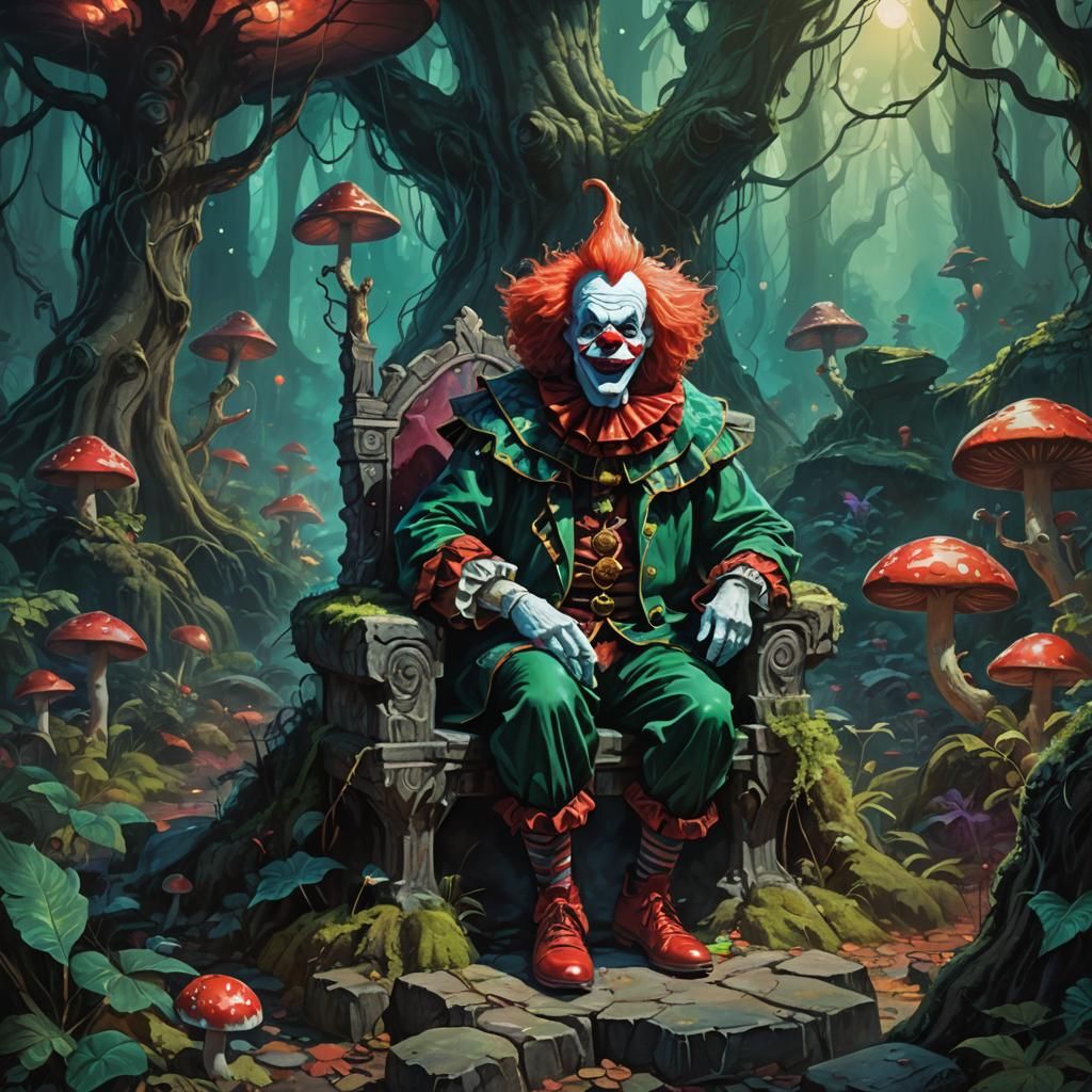 Dark Fantasy Bozo the Clown on Forest Throne