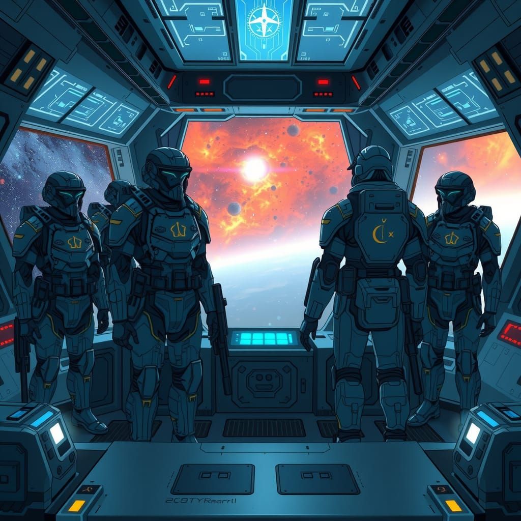 Futuristic Muslim Space Marines on Colony Ship, Anime Style