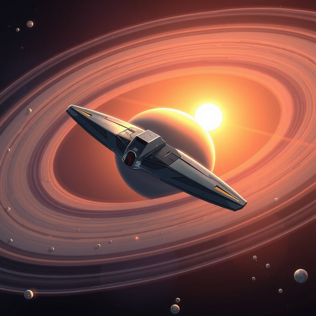 Probe Soaring Through Saturn's Rings in Anime Style