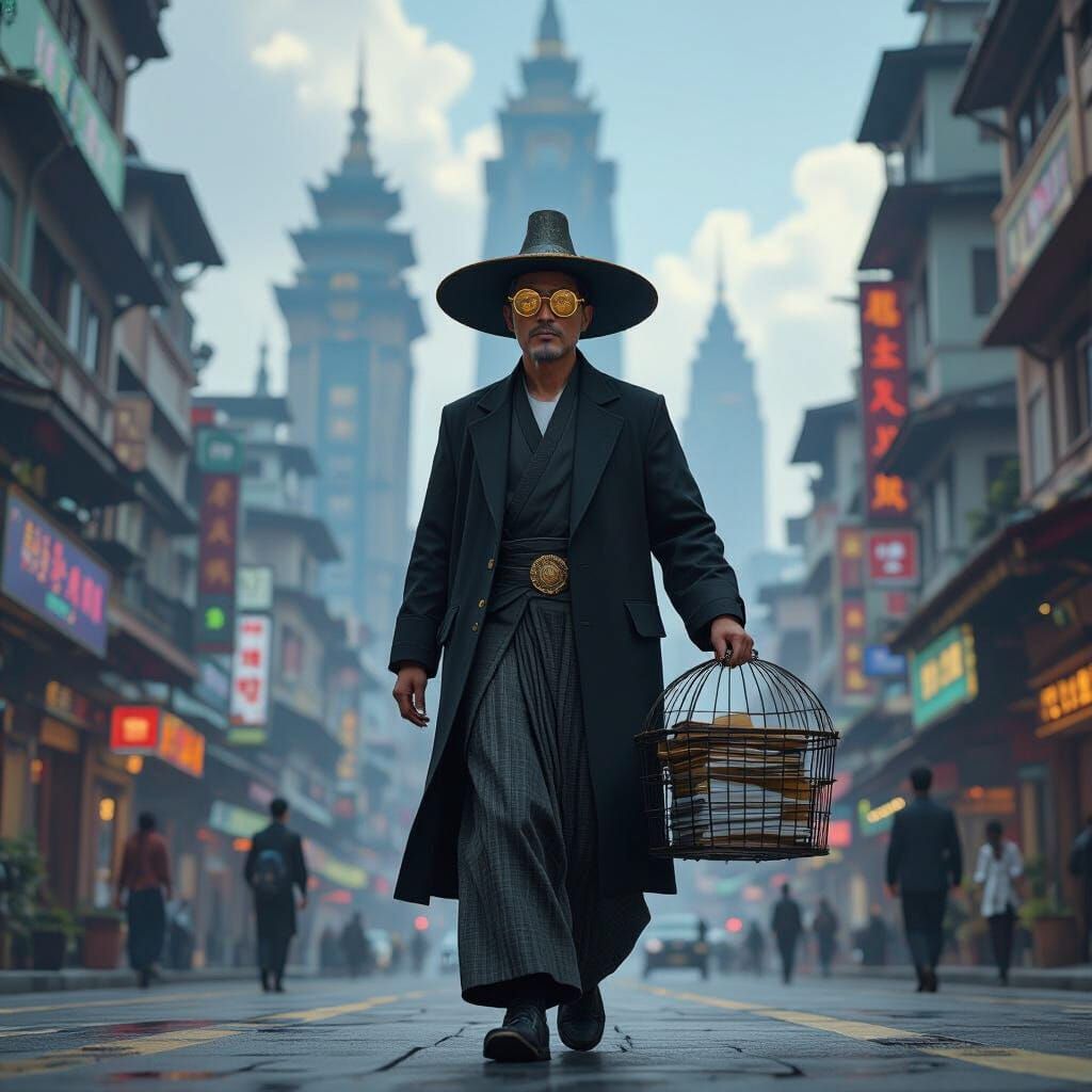 Myanmar Man in Mythical Hat Walks to Futuristic Office