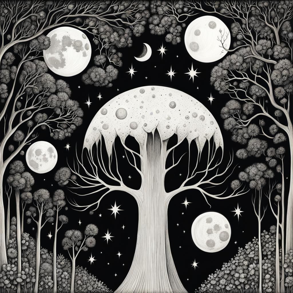 Detailed Ink Drawing: Moon Through Foliage in Art Brut Style
