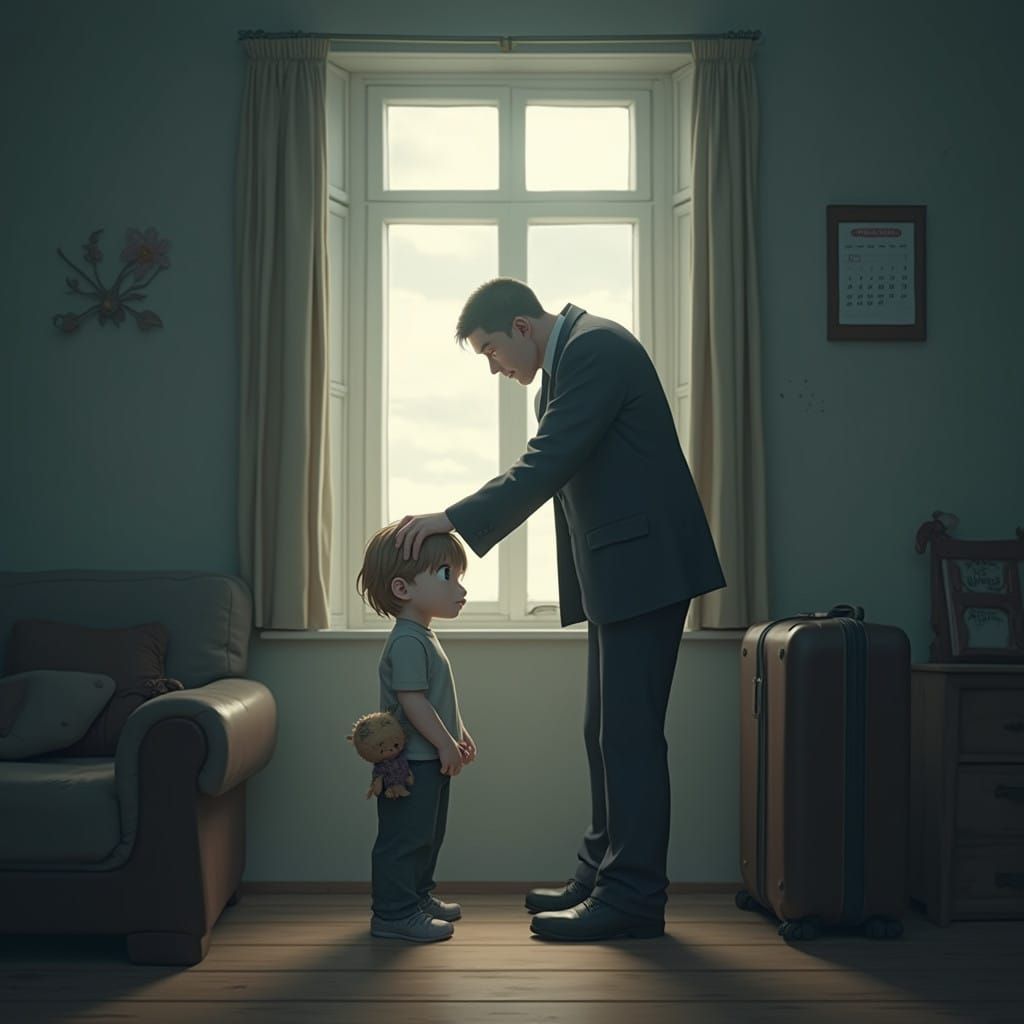 A Young Boy's Longing in a Somber Living Room