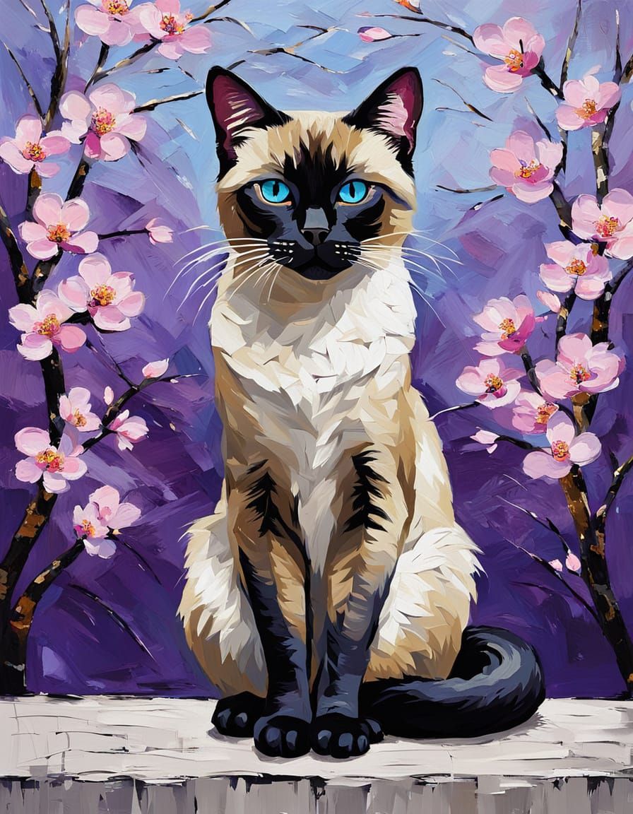 Elegant Siamese Cat as Impasto Oil Painting