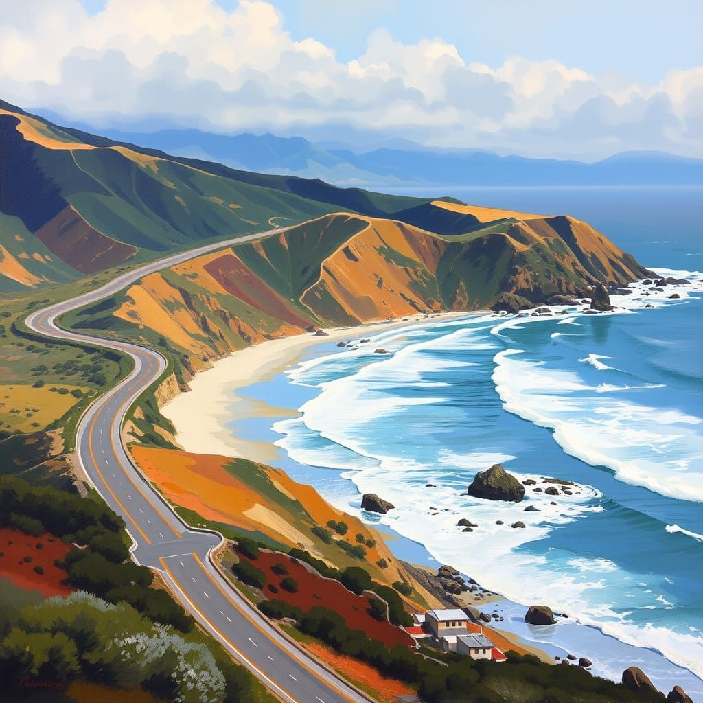 Modern Coastline Landscape in Vibrant Oil Painting