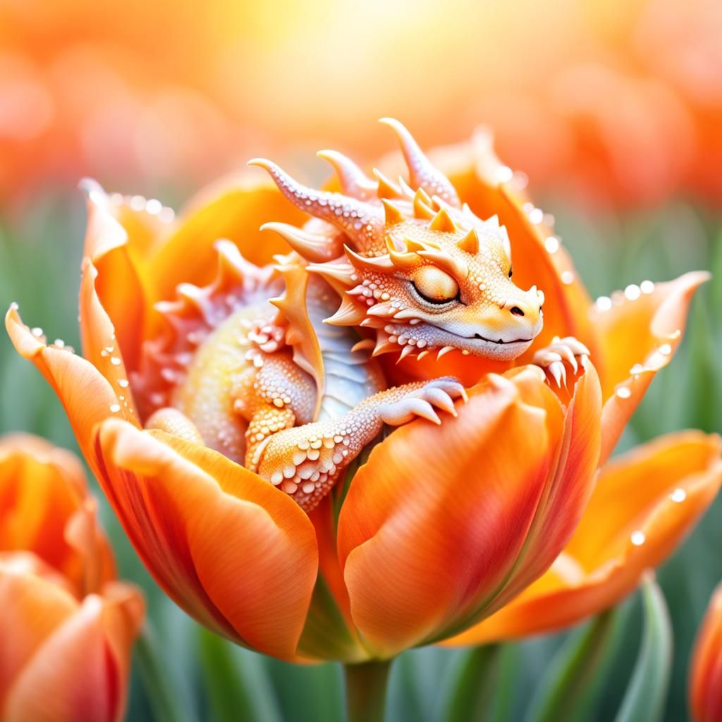 Orange Baby Dragon Asleep in Tulip: Watercolor Macro