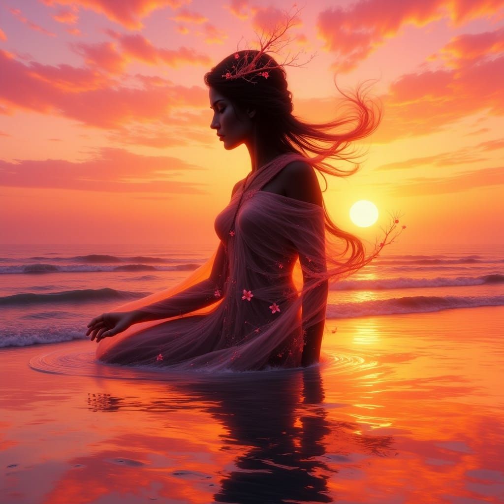 Goddess Silhouette Double Exposure on Sunset Coast