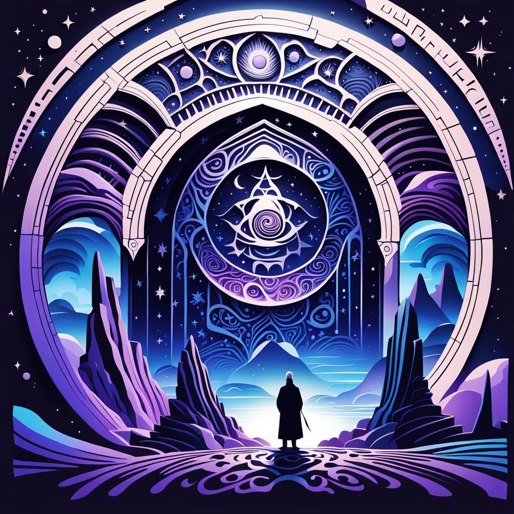 Cosmic Abstract Art: Desert Temple and Starlight