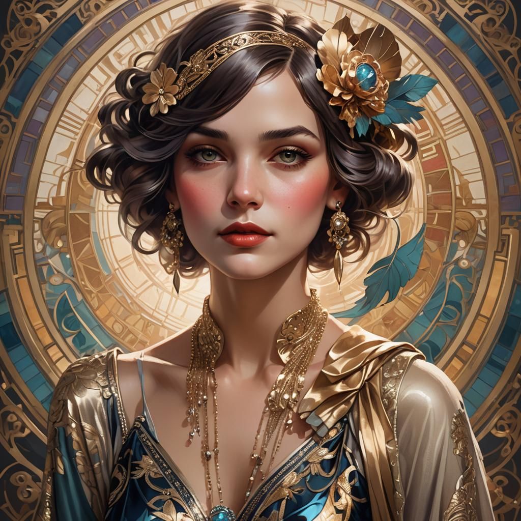 Flapper Portrait with Dynamic Lighting in Art Nouveau Style