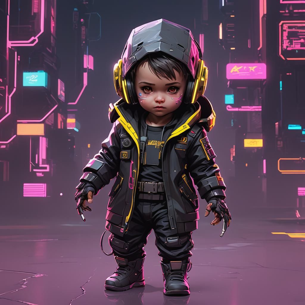 Cute Baby Hacker in Cyberpunk 2099 Style