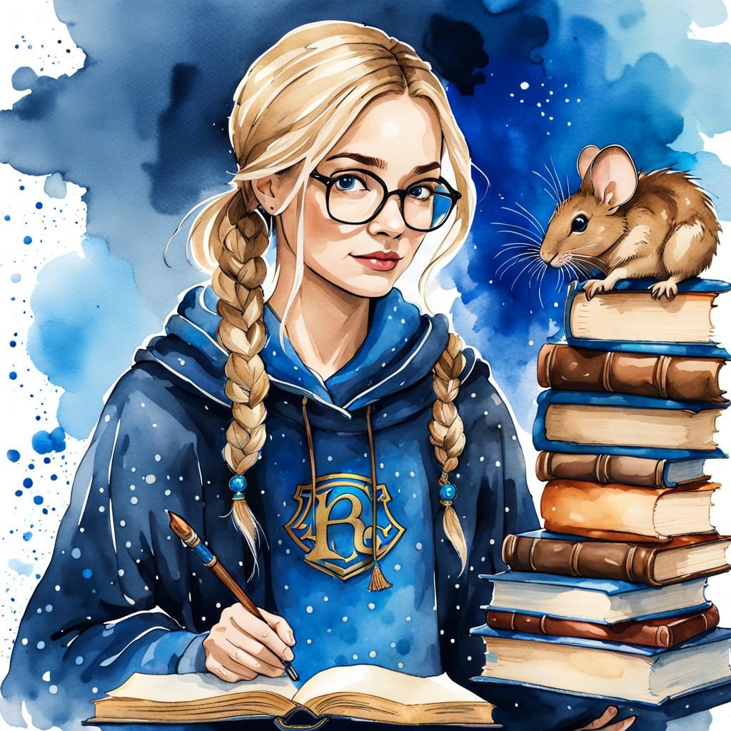 Ravenclaw Student with Books in Watercolor Style