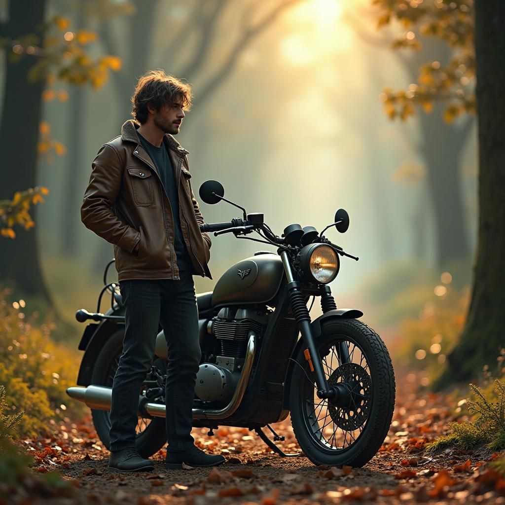 Motorcycle and Man in Whimsical Forest, Matte Painting