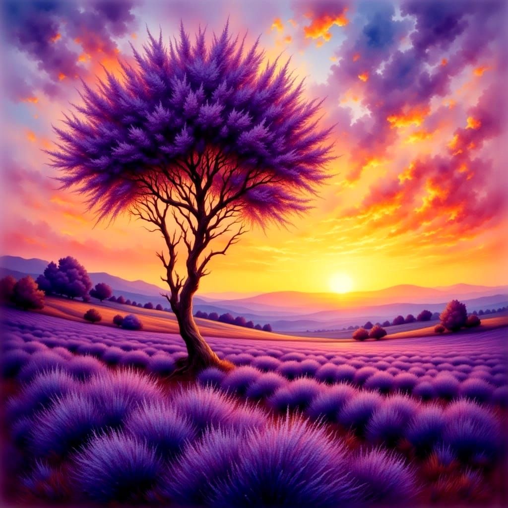 Sunset Over Lavender Field with Lone Tree