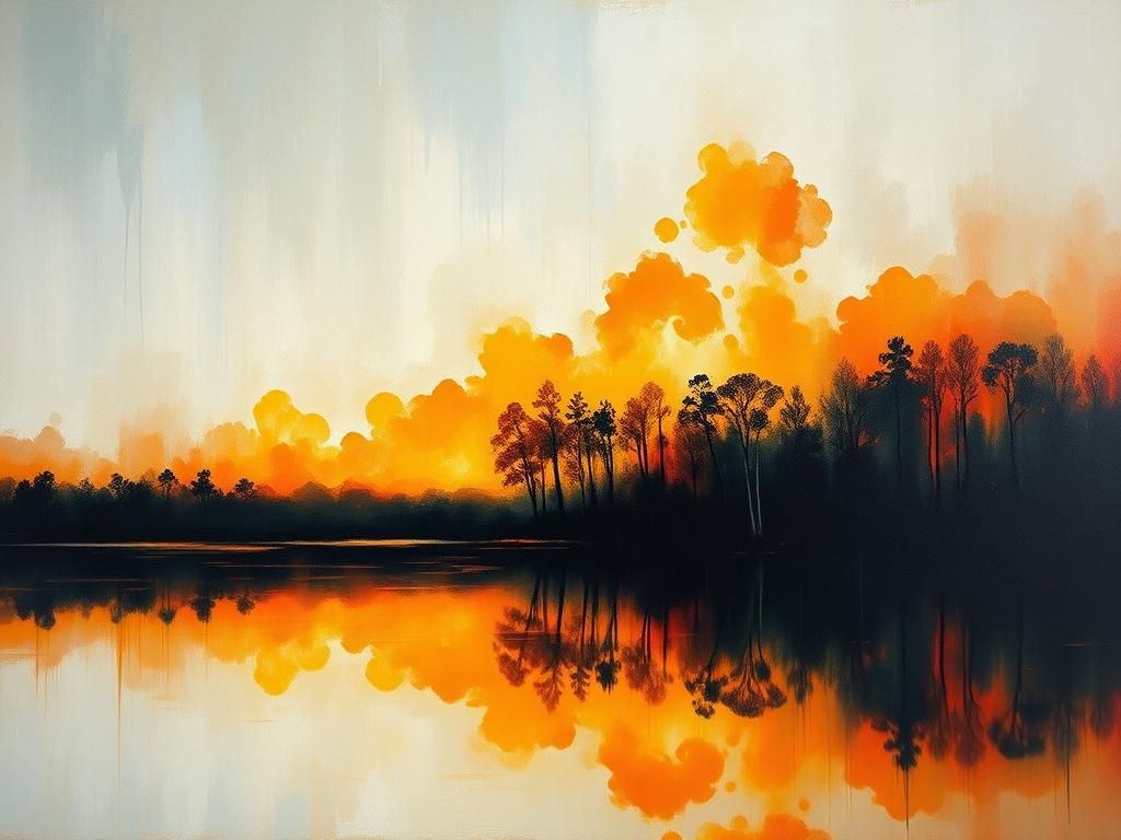 Abstract Lake Painting in Rothko Style with Orange Clouds