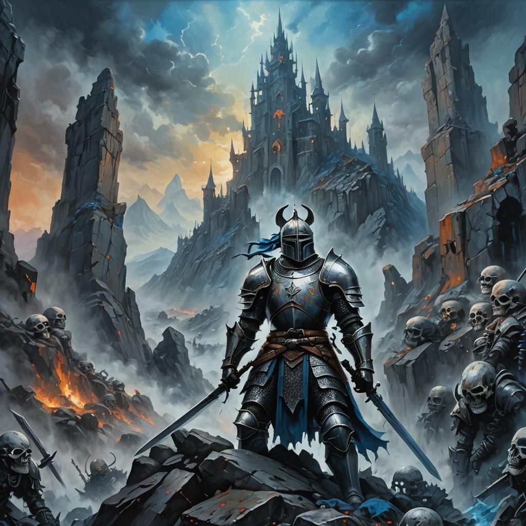 Fantasy Knight Graffiti Art on Mountain of Skulls