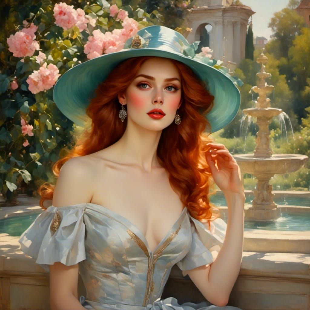 Elegant Redhead in Spring Garden with Fountain