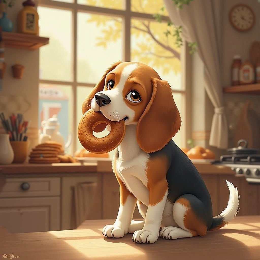 Beagle Enjoys Toasted Bagel in Cozy Kitchen Scene