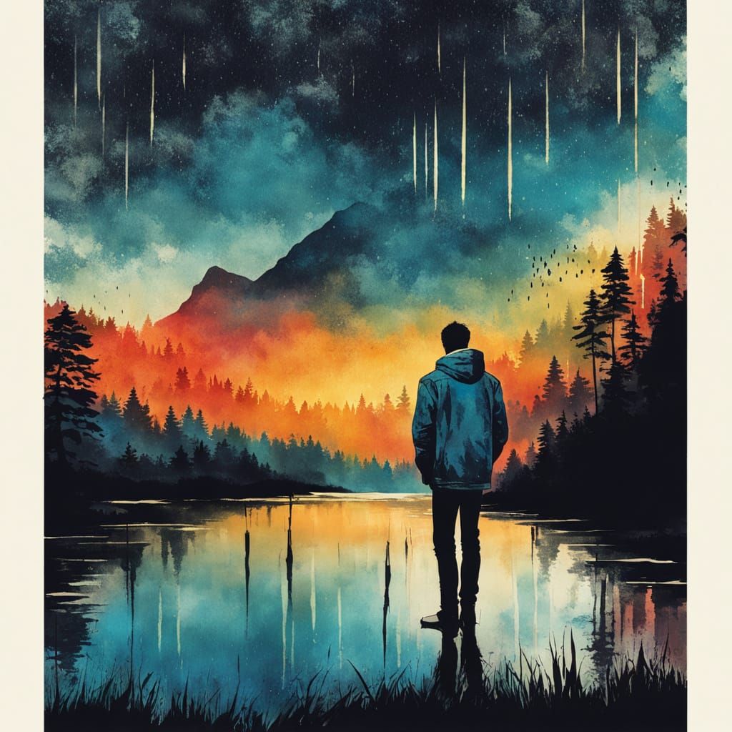 Man by Lake in Earth Tone Ink Painting