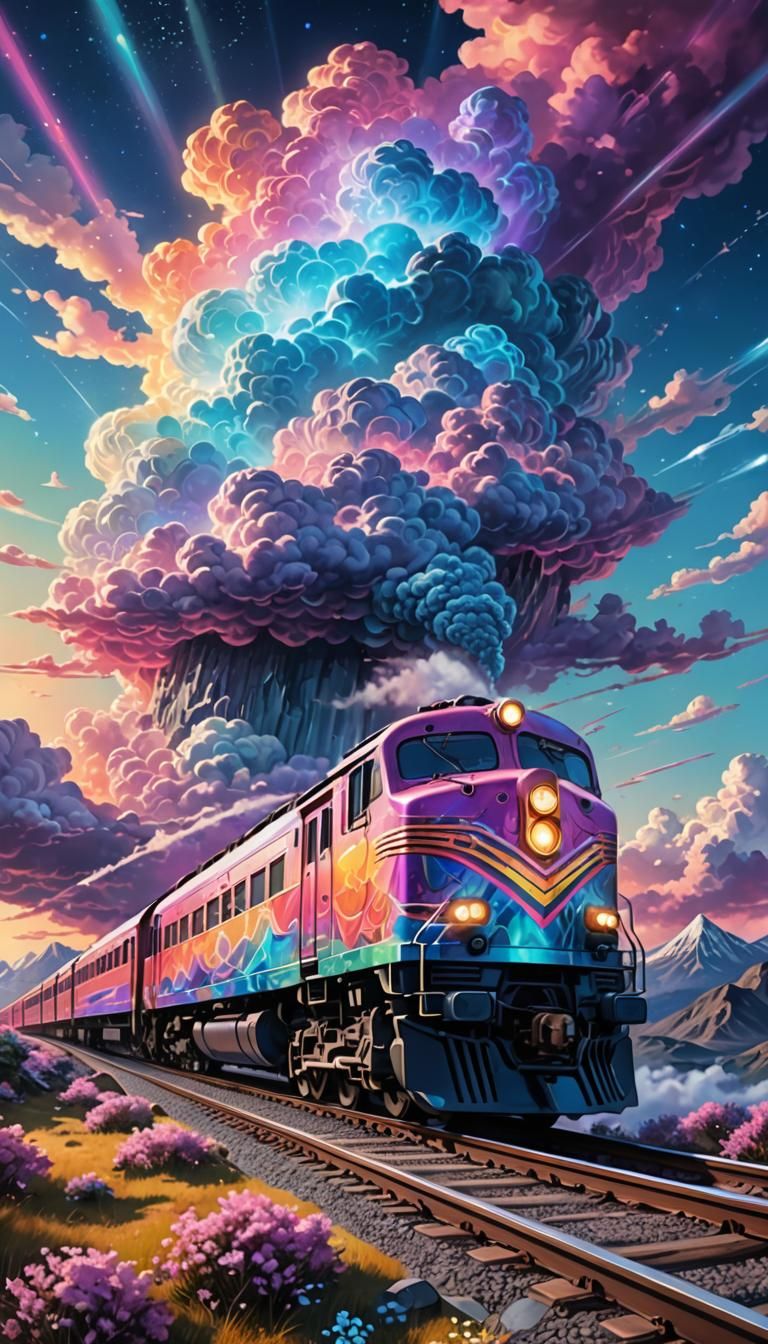 Glowing Train Over Mount Olympus in Astral Style