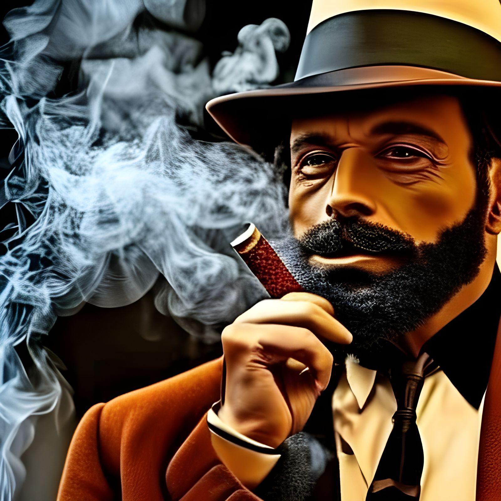 Noir Detective Smoking Cigar in Surreal Portrait