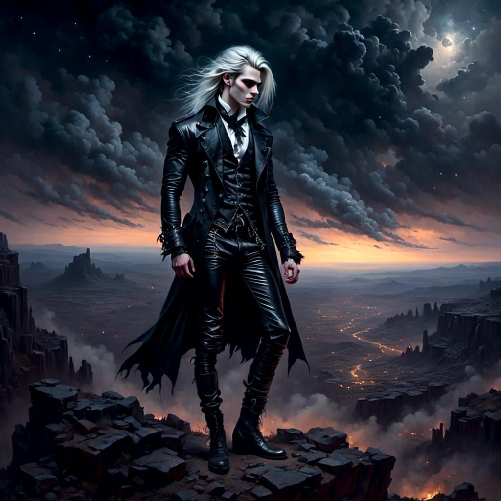 Gothic Figure Overlooking Barren Landscape