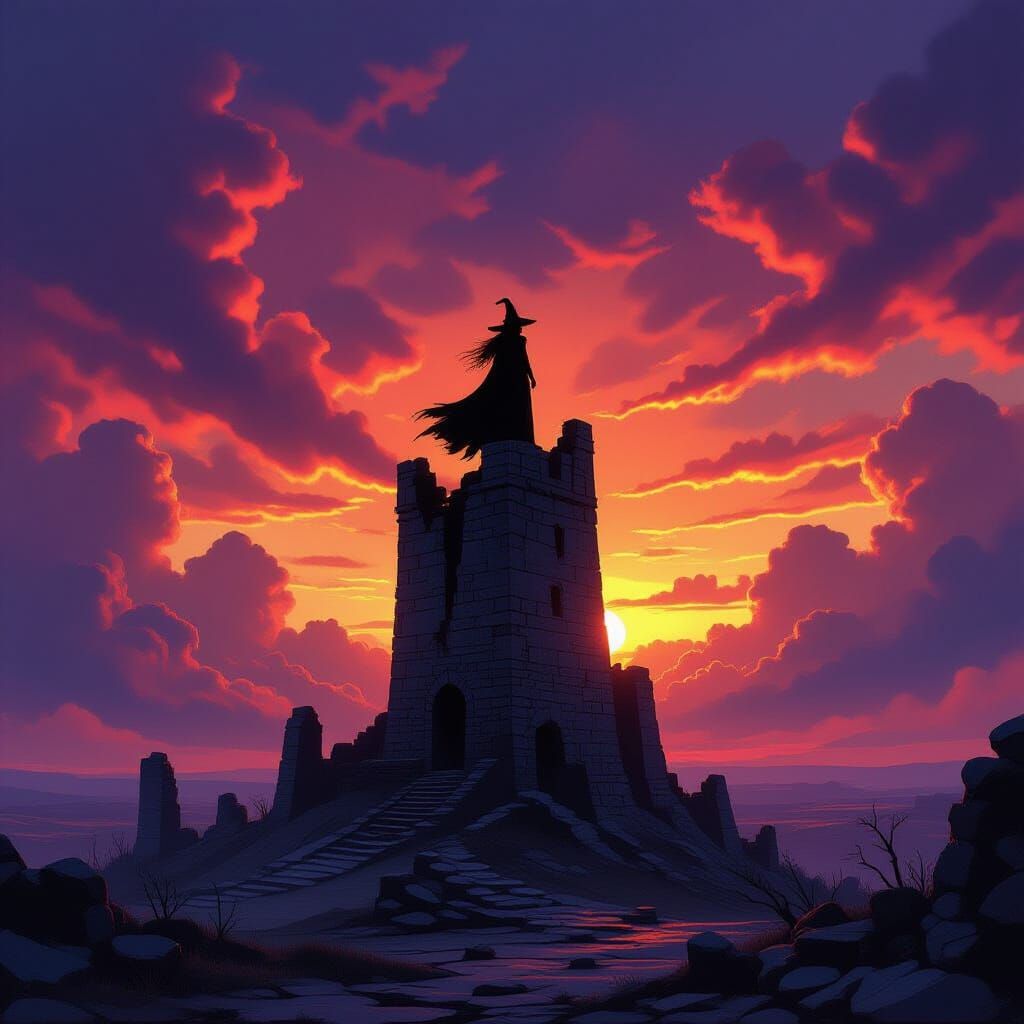 Witch Silhouette Against Fiery Sunset Over Ruined Landscape