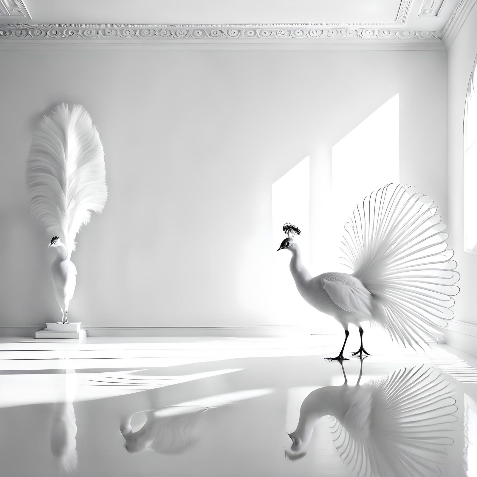 Elegant White Peacock in Minimalist Room