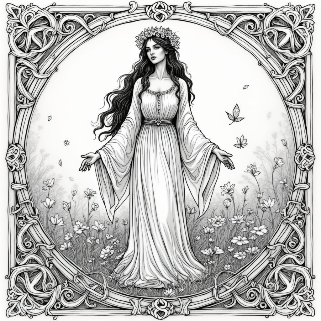 Mother Nature Sketch with Celtic Art Nouveau Borders