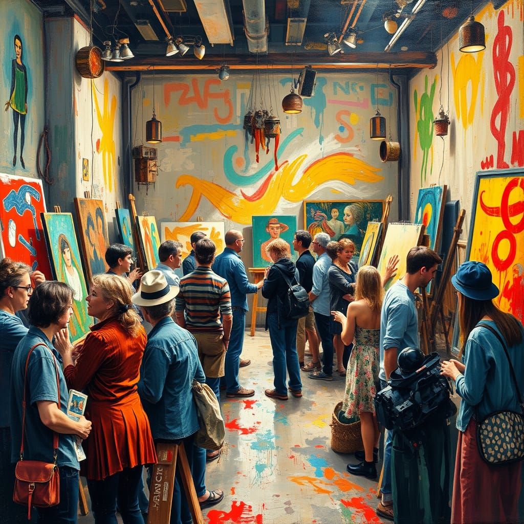 Dynamic Neo-Expressionist Studio Scene with AI Artists