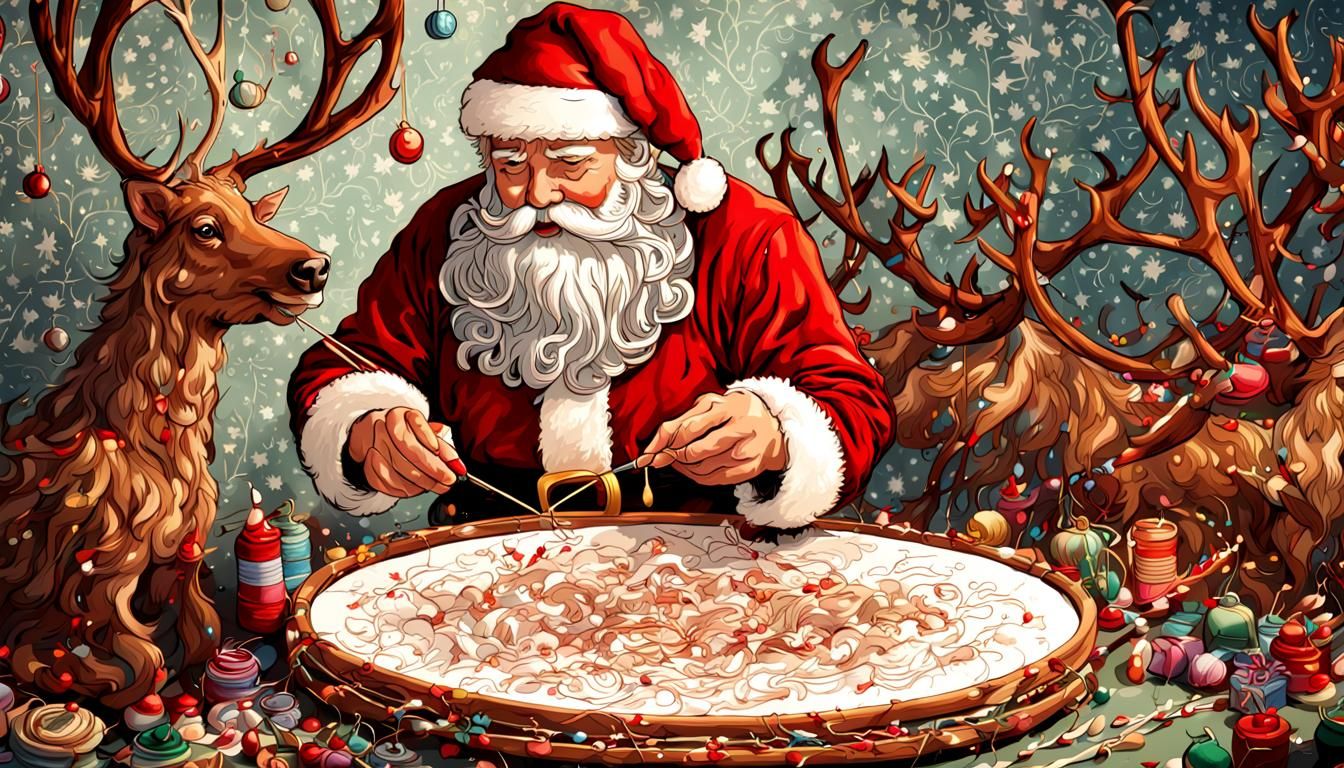Santa Claus Embroidering Reindeer: Fantasy Concept Art