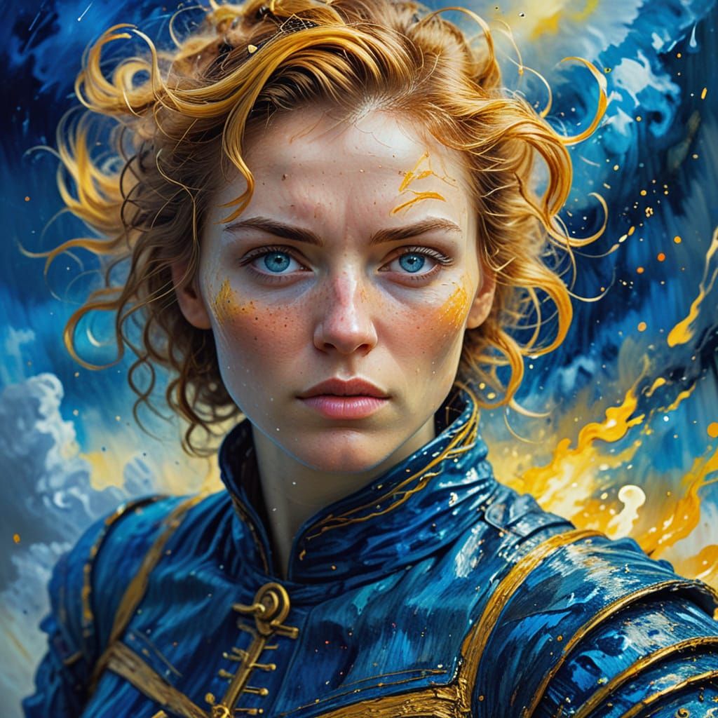 Expressive Portrait of a Warrior Woman in Vibrant Watercolor...