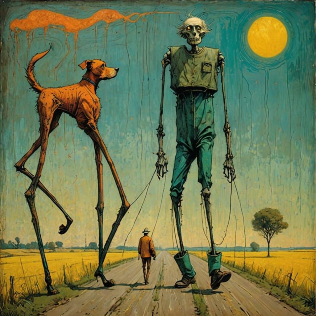 Leggy Man and Dog Stroll Along Summer Road