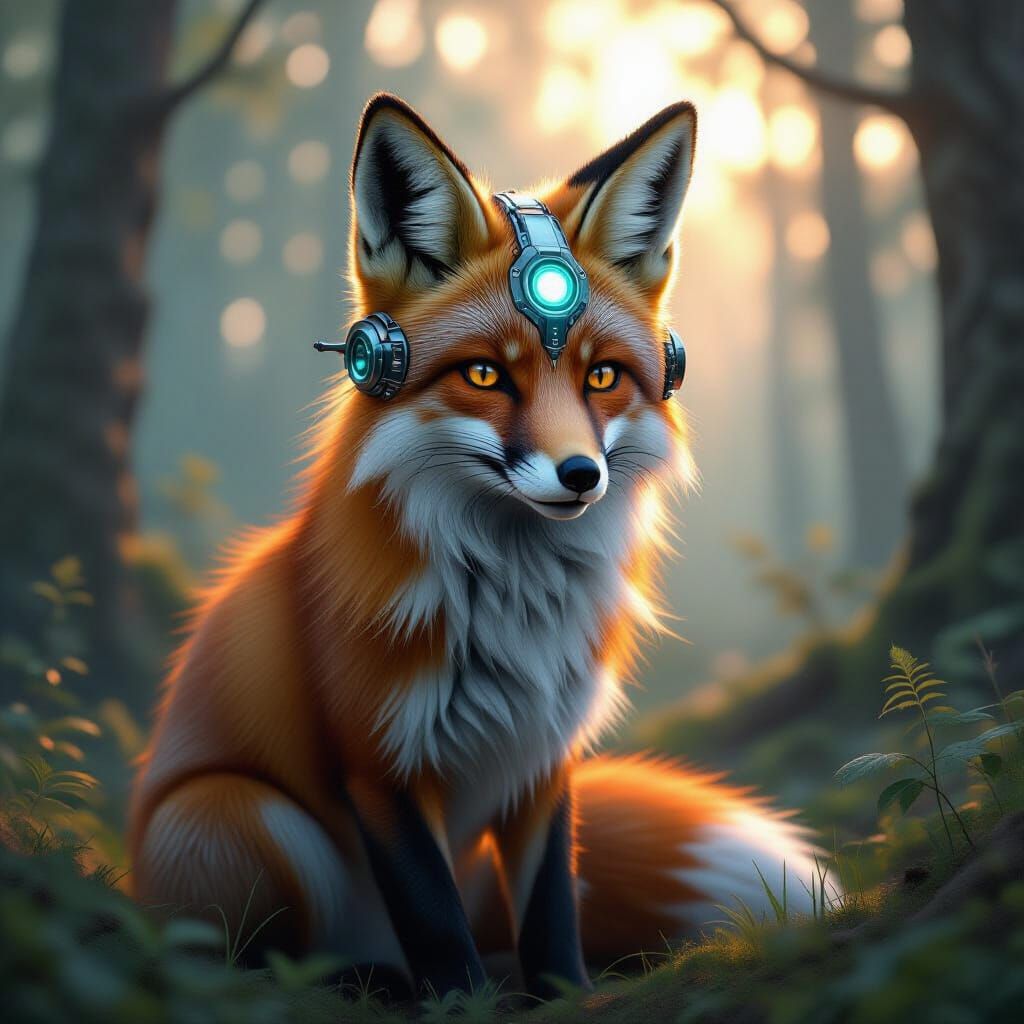Robotic Fox in Mystical Forest at Dawn