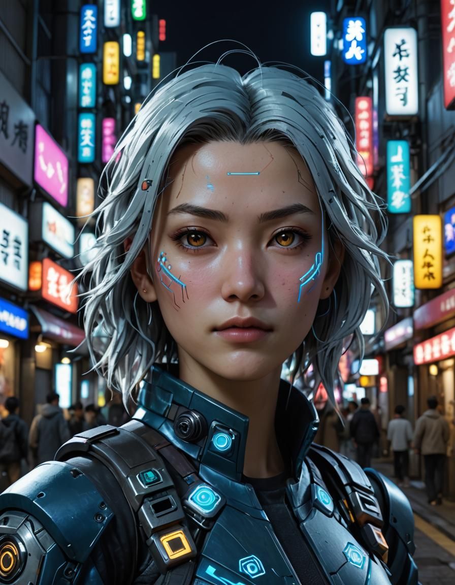 Cyberpunk Netrunner in Narrow Japan Street at Night