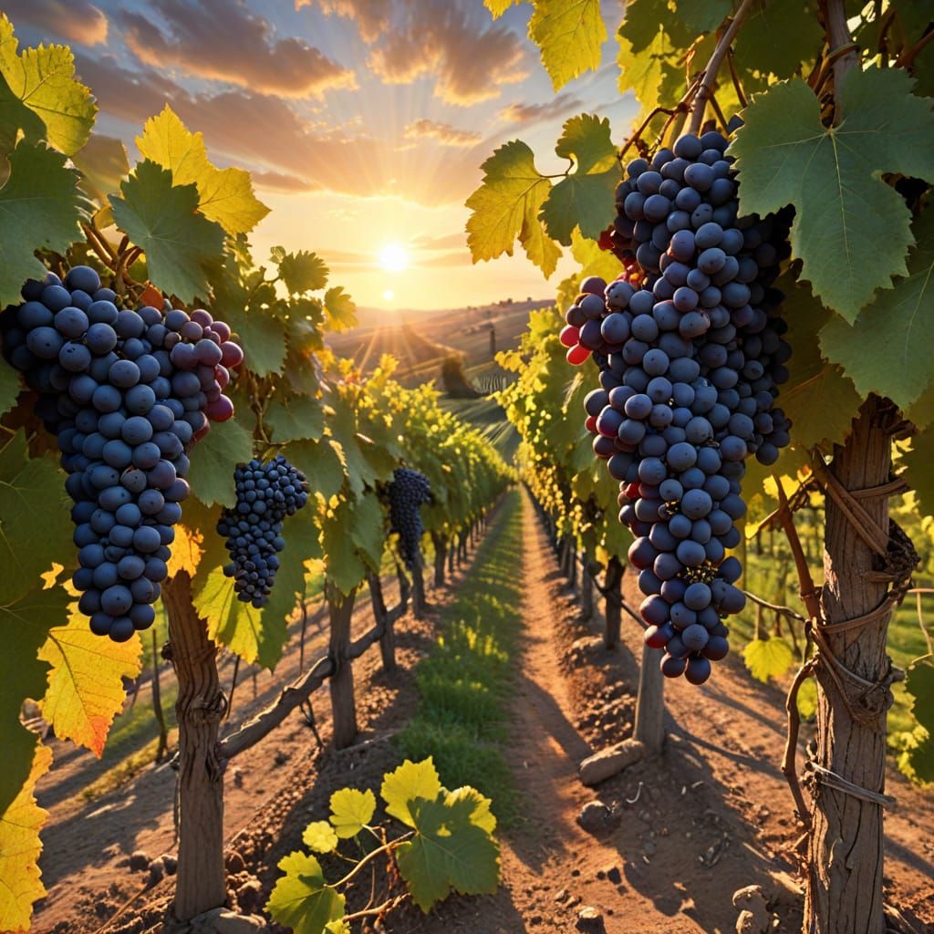 Breathtaking Sunset Vineyard Scene with Plump Grapes